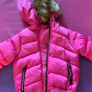 Steve Madden Girls' Bright Pink Puffer Jacket with Faux Fur Hood